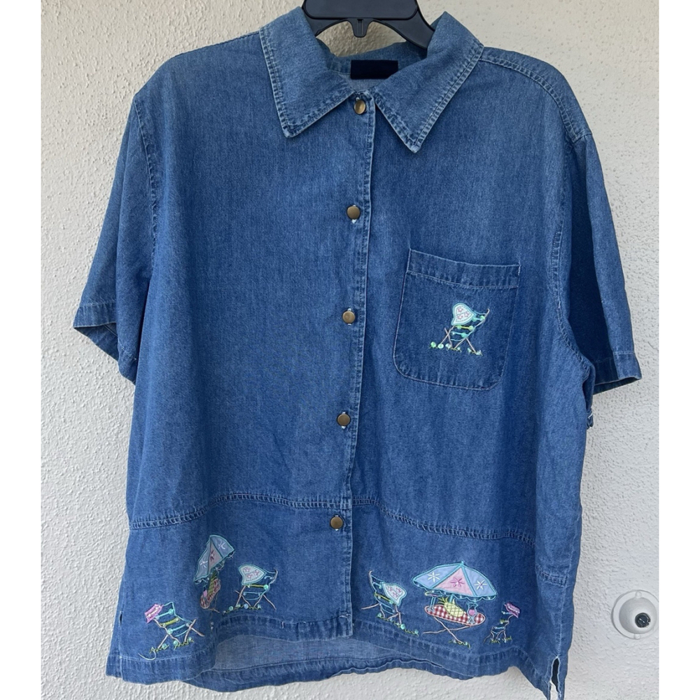 Jane Ashley Woman Blue Denim Button Up Shirt Embroidered Beach 2X Boho Beach